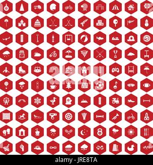 100 kids games icons hexagon red Stock Vector