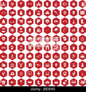 100 kindergarten icons hexagon red Stock Vector