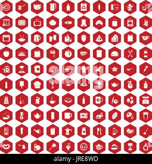 100 kitchen icons hexagon red Stock Vector
