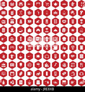 100 kitchen utensils icons hexagon red Stock Vector