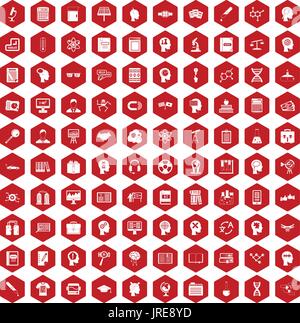 100 knowledge icons hexagon red Stock Vector