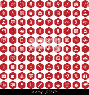 100 lab icons hexagon red Stock Vector