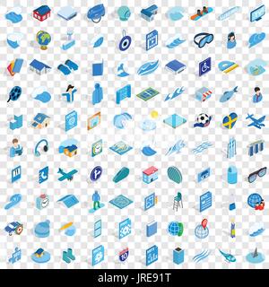 100 blue icons set, isometric 3d style Stock Vector