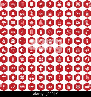 100 landscape icons hexagon red Stock Vector