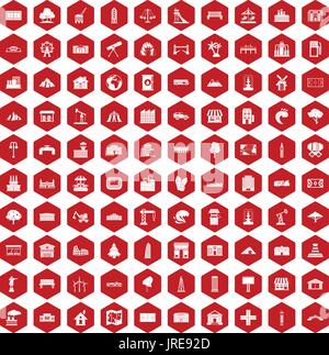 100 landscape element icons hexagon red Stock Vector
