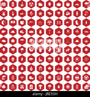 100 leaf icons hexagon red Stock Vector