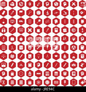 100 learning icons hexagon red Stock Vector