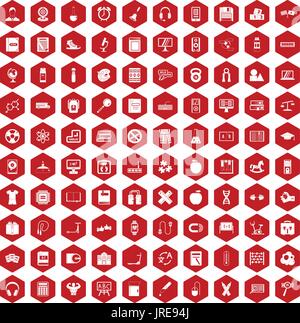 100 learning kids icons hexagon red Stock Vector