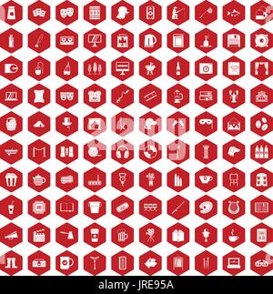 100 leisure icons hexagon red Stock Vector