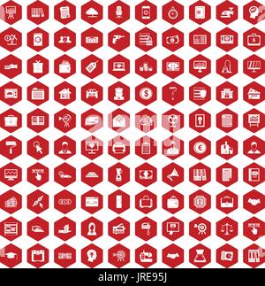 100 lending icons hexagon red Stock Vector