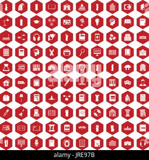 100 library icons hexagon red Stock Vector