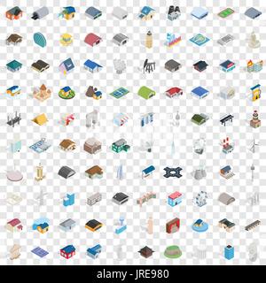 100 building icons set, isometric 3d style Stock Vector