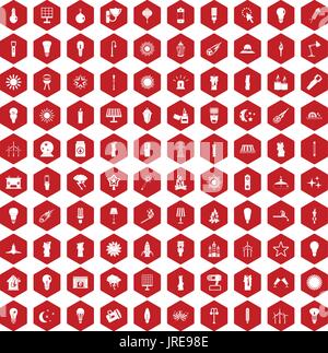 100 light source icons hexagon red Stock Vector