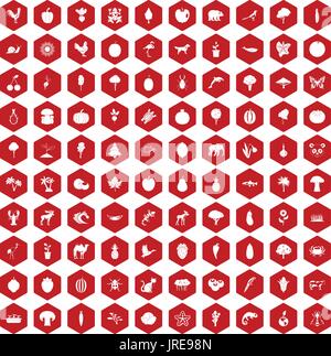 100 live nature icons hexagon red Stock Vector