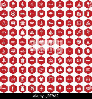100 logistics icons hexagon red Stock Vector