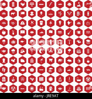 100 lotus icons hexagon red Stock Vector