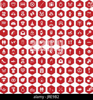 100 love icons hexagon red Stock Vector