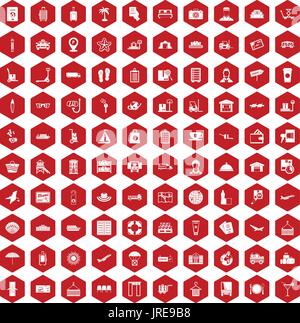 100 luggage icons hexagon red Stock Vector