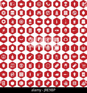 100 lunch icons hexagon red Stock Vector