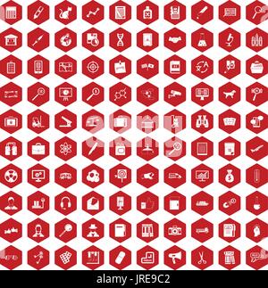 100 magnifier icons hexagon red Stock Vector