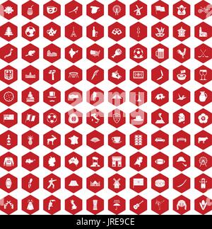 100 map icons hexagon red Stock Vector