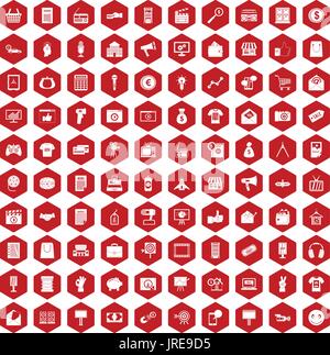 100 marketing icons hexagon red Stock Vector