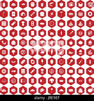 100 meal icons hexagon red Stock Vector