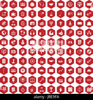 100 media icons hexagon red Stock Vector