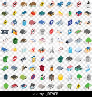 100 city icons set, isometric 3d style Stock Vector