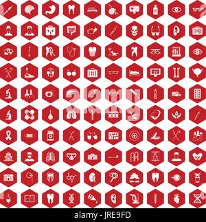 100 medical icons hexagon red Stock Vector
