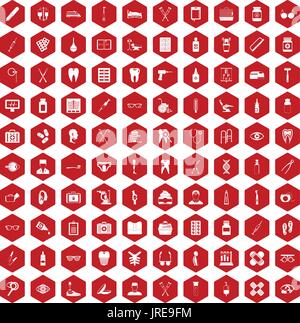 100 medical accessories icons hexagon red Stock Vector