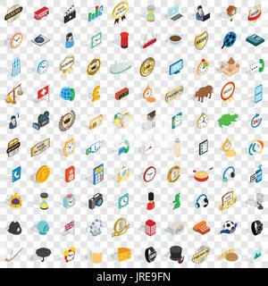 100 clock icons set, isometric 3d style Stock Vector