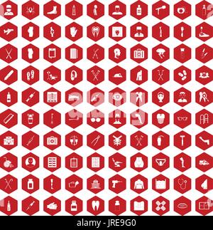 100 medical care icons hexagon red Stock Vector