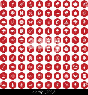 100 microbiology icons hexagon red Stock Vector