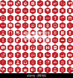 100 microphone icons hexagon red Stock Vector