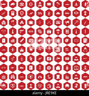 100 military icons hexagon red Stock Vector