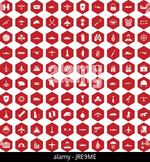 100 military resources icons hexagon red Stock Vector