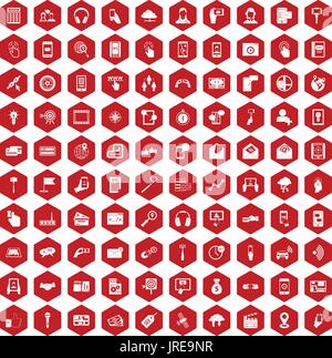 100 mobile icons hexagon red Stock Vector