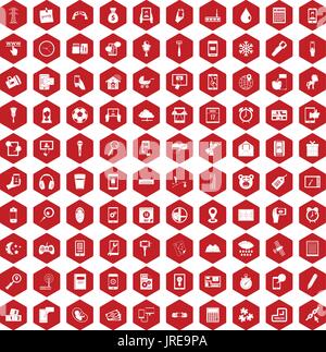 100 mobile app icons hexagon red Stock Vector