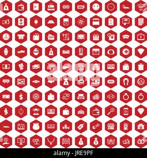 100 money icons hexagon red Stock Vector