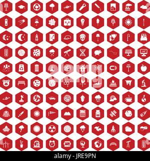 100 moon icons hexagon red Stock Vector