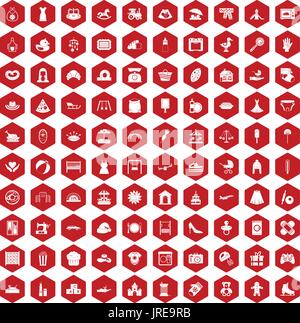 100 motherhood icons hexagon red Stock Vector