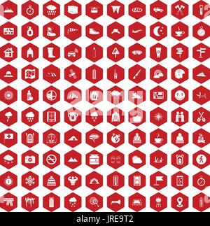 100 mountaineering icons hexagon red Stock Vector