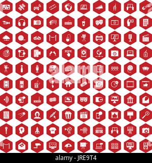 100 multimedia icons hexagon red Stock Vector