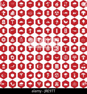 100 mushrooms icons hexagon red Stock Vector