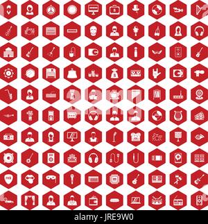 100 music icons hexagon red Stock Vector