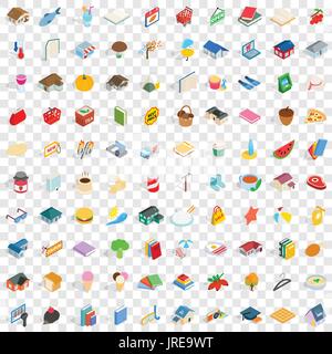 100 cute icons set, isometric 3d style Stock Vector