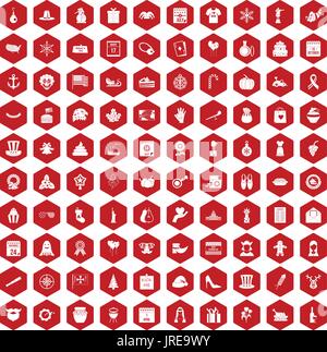 100 national holiday icons hexagon red Stock Vector