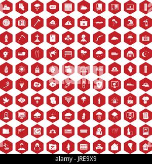 100 natural disasters icons hexagon red Stock Vector
