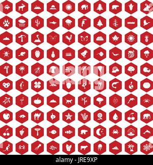 100 nature icons hexagon red Stock Vector